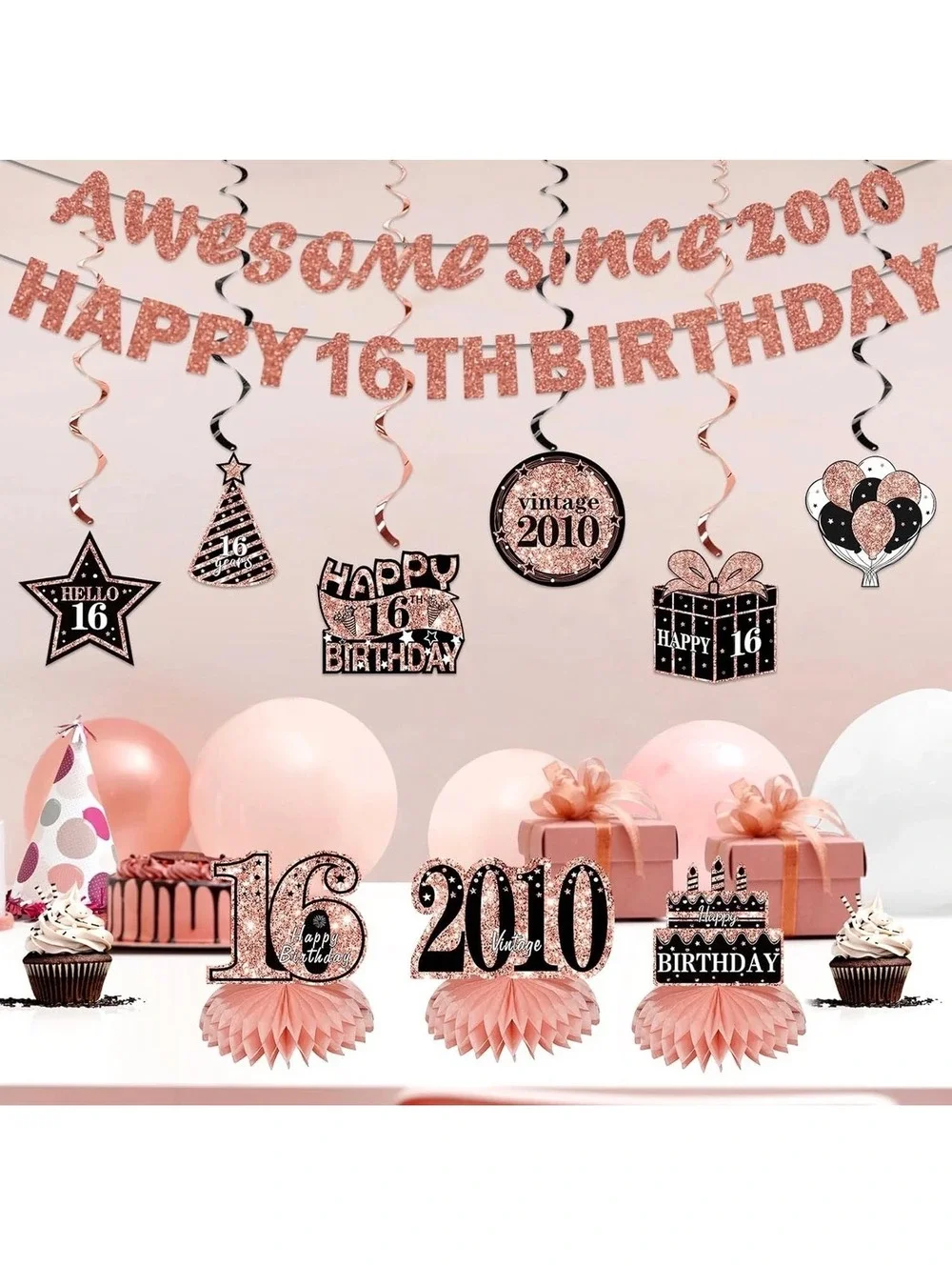 Kuxriox 16th Birthday Party Decoration Set - Rose Gold Glitter Banner and TableT
